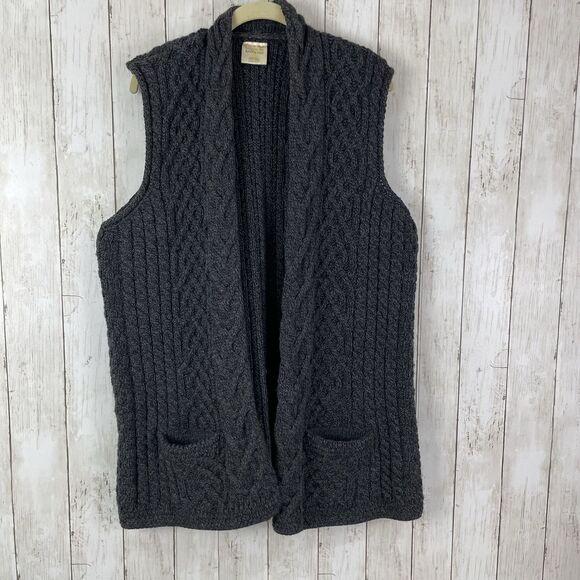 Kilronan Irish Merino Wool Open Front Cable knit Longline Vest w/ Pocket… - Picture 1 of 9